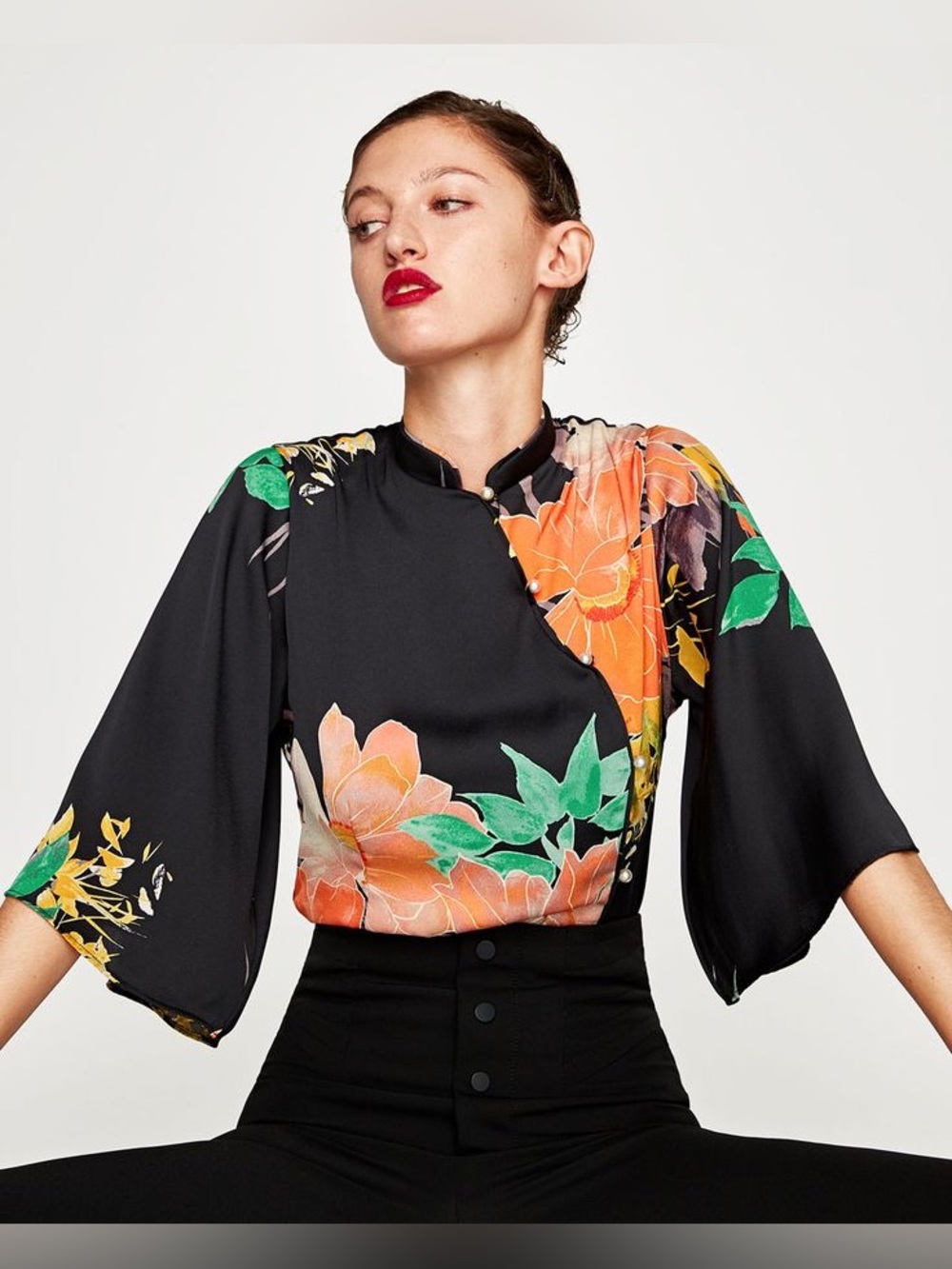 Zara Floral Mandarin Collar Kimono Bodysuit with Pearls Size Small